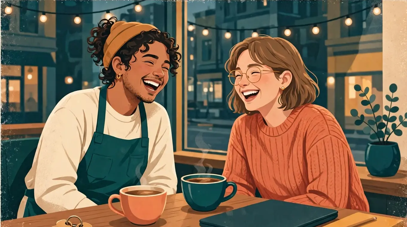 Illustration of two entrepreneurs laughing over coffee on a first date — one in a work apron, the other with a closed laptop and notebook